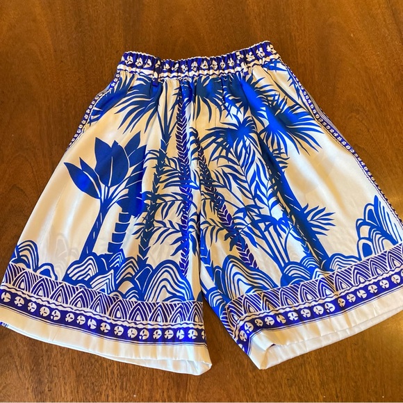 ZARA SET Blue White Tropical Palm Print Satin Button Down Shirt & Bermuda Shorts - Picture 10 of 15